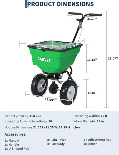 100LBS Push Broadcast Spreader, 12FT Spreading Width, 13 in All-Terrain Wheels, Adjustable Flow Control, Heavy Duty Walk Behind Lawn Spreader for Fertilizer, Grass Seed, Ice Melt, Salt