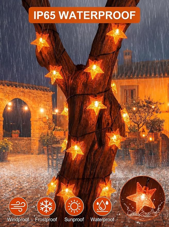 Twinkle Solar Star String Lights Outdoor Waterproof 39FT/100L Fairy Lights | 8 Modes Camping Garden Wedding Party Tree Holidays Backyard Patio Orange