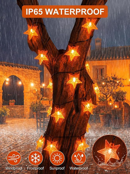 Twinkle Solar Star String Lights Outdoor Waterproof 39FT/100L Fairy Lights | 8 Modes Camping Garden Wedding Party Tree Holidays Backyard Patio Orange