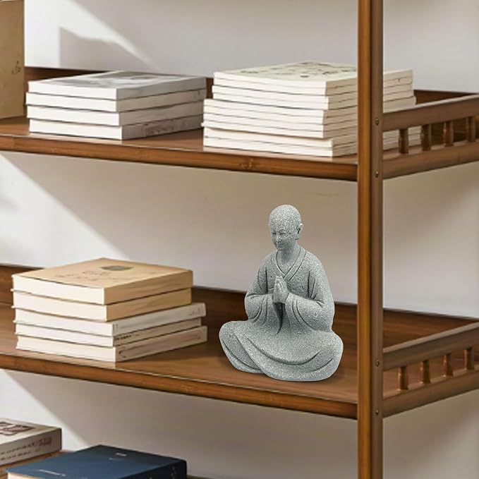 Zen Monk Statue Meditation Decor - Craft Sandstone 3.7inch Small Buddha Statue, Praying Pose for Desk Decor, Unique Gift for Buddha Lovers