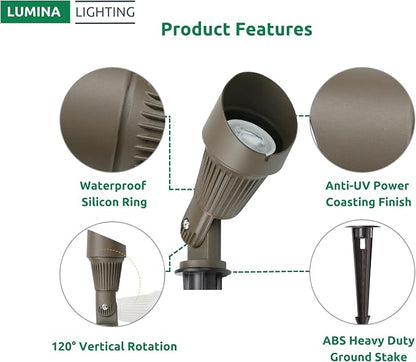 Lumina Lighting® 4W Landscape lighting 12V Landscape Lights Low Voltage Landscape Spotlights Warm White Waterproof Outdoor Replaceable LED Bulb for Garden, Lawn, Porch, Patio and Yard (Bronze, 6-Pack)