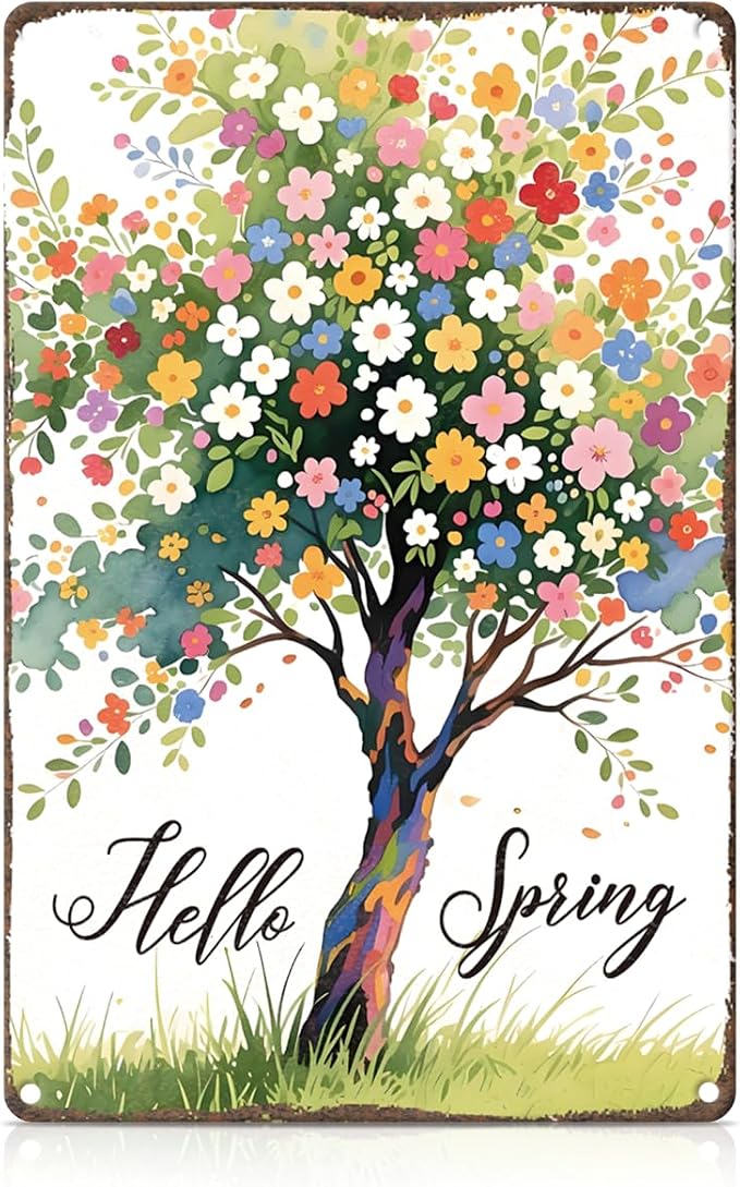 Vintage Spring Metal Tin Sign Wall Decor,Hello Spring Sign Wall Art for Home Porch Garden Yard Indoor Outdoor Wall Decor