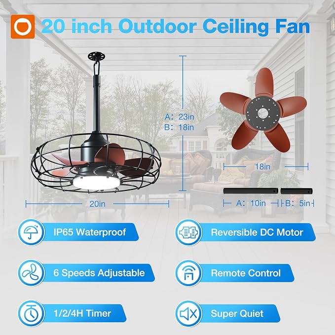 addlon 20 Inch Outdoor Ceiling Fan with Light for Patio, IP65 Waterproof Plug in Caged Hanging Fan, Remote Control, 3000-6000K Dimmable, 6 Speeds Reversible Outdoor Fan for Gazebo, Pergola, Porch