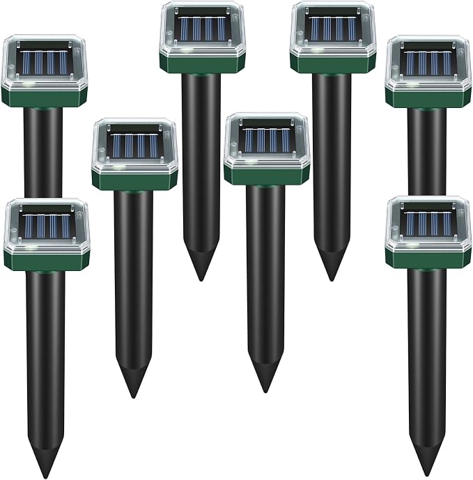 8 Pack Solar Powered Mole Repellent, Ultrasonic Outdoor Pest Repeller for Lawns & Gardens - Waterproof, Chipmunk, Vole, Gopher, Groundhog, Snake Deterrent (Dark Green)