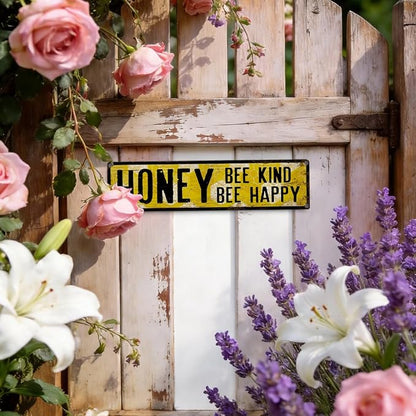Honey Metal Tin Sign, Vintage Bee Decor, Rustic Farmhouse Wall Art, for Garden Yard Fence Porch Door, Indoor Outdoor Garden Decoration, Ideal for Bee Lovers, 15.7 x 3.9 Inches