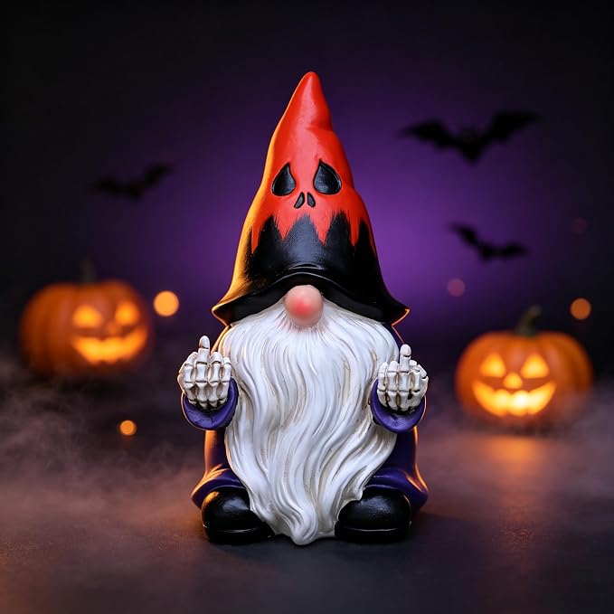 Halloween Middle Finger Gnome Statue with Skeleton Hands - Spooky Ghost Face Hat Resin Figurine 7.8in, Weather Resistant Indoor Outdoor Decor for Patio Yard Halloween Party, Novelty Edgy Gift