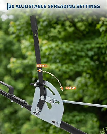 Tow Behind Broadcast Spreader, 125 LBS Large Capacity Universal Hook Tow & Push Lawn Spreader, 9.8 ft Spreading Width 30 Adjustable Settings, Compatible with UTV ATV Riding Mower & Most Tractors