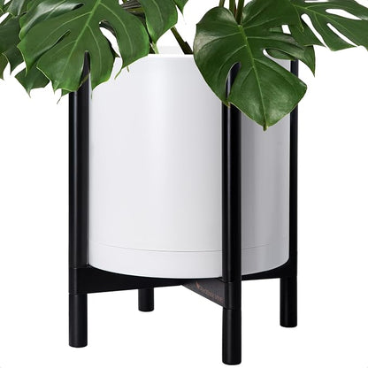D'vine Dev Plastic Pot with Ebony Wood Stand, White, 16 in, 55-C-Z-1 | Mid-Century Inspired Design, Elevated Plant Display, Clean Lines, Sturdy Support, Modern Space-Saving Style