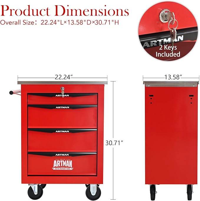 KEIKI 4 Drawers Tool Cart on Wheels,Multifunctional Rolling Tool Chest Tool Storage,Drawers Rolling Tool Trolley Organizer Tool Case for Garage, Warehouse, Workshop, Repair Shop (Red)