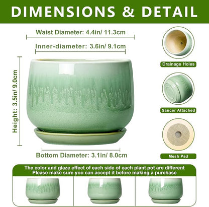 Ceramic Plant Pots - 4 Inch Pots for Plants with Drainage Hole and Saucer, Small Succulent Pot for Indoor Plants, Round Ceramic Planter, Home Office Decor, House Warming Gifts, Green