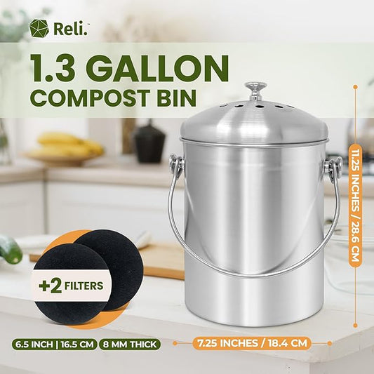 Reli. 1.3 Gallon Stainless Steel Compost Bin for Kitchen | Indoor Composting Bin with Charcoal Filters | Odorless Food Waste Countertop Bucket