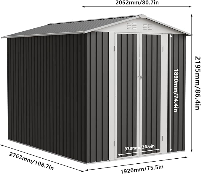 YOPTO 9x6 FT Metal Storage Shed,Lockable Outdoor Tool Shed W/Air Vent | Lockable Hinged Door,Reinforce Frame,Sloped Roof,for Patio,Garden,Backyard,Lawn,Grey