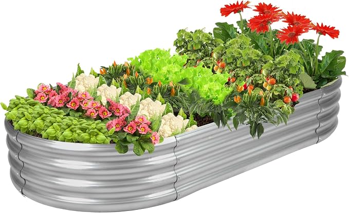 Rakukiri Raised Garden Bed GRS Certified Galvanized Planter Box Outdoor, 8ft Oval Rot-Resistant Metal Garden Bed Planter, Recycled Material Planter for Vegetables Flowers Herbs (Silver)