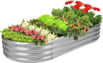 Rakukiri Raised Garden Bed GRS Certified Galvanized Planter Box Outdoor, 8ft Oval Rot-Resistant Metal Garden Bed Planter, Recycled Material Planter for Vegetables Flowers Herbs (Silver)