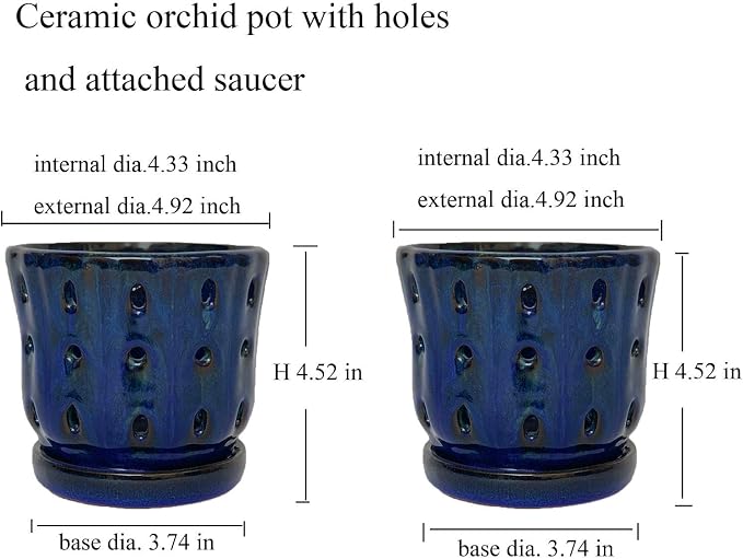 Orchid Pots 4.9 inch Ceramic Orchid Pots with Holes and Draiange Hole Orchid Planter Set of 2 (Dark Blue)