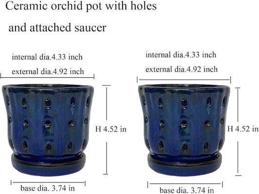 Orchid Pots 4.9 inch Ceramic Orchid Pots with Holes and Draiange Hole Orchid Planter Set of 2 (Dark Blue)