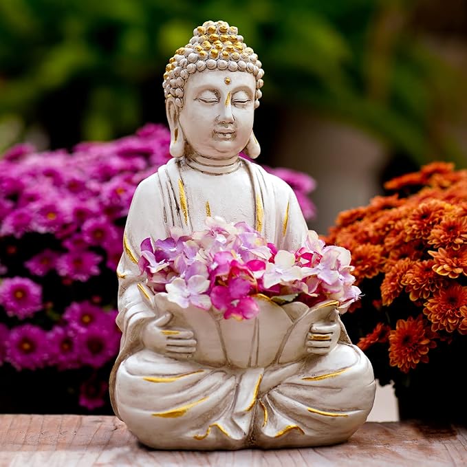 Goodeco Meditating Buddha Statue Sculpture - Outdoor Sitting Sculpture Decoration, Marble Finish with Lotus and Magical Glow in The Dark Pebbles and Glass Stones,Gift idea,White Color (12 inch)