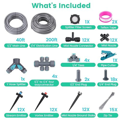 240FT Quick-Connect Drip Irrigation System Garden Watering System | 1/4" & 1/2" Fast-Lock Tubing, Adjustable Nozzles Emitters for Outdoor Raised Garden Beds,Greenhouse, Lawn, Patio