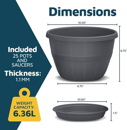 10-Inch Whiskey Barrel Planters Outdoor Pack of 25 - Durable Plastic Plant Pots for Indoor & Outdoor Use with Drainage & Saucer, Lightweight Rustic Barrel Planters for Flowers, Herbs & Small Plants