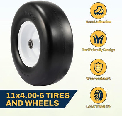 11x4.00-5 Lawn Mower Tires Flat Free, Zero Turn Mower Front Tires, 11x4-5 Solid Mower Wheel for Residential and Commercial, 3/4" or 5/8" Bushings, 3.4"-4"-4.5-5" Centered Hub, 2 Pack