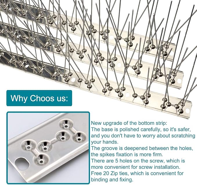Bird Spikes Cover 21.6Feet Stainless Steel Pigeons Spikes Small Bird Spike for Roof Fence Window Mailbox(20pcs) | Easy to install, with zip ties