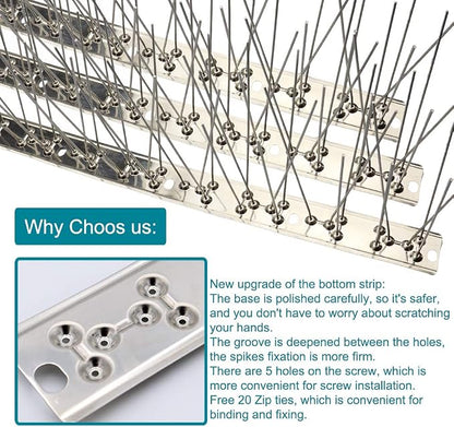 Bird Spikes Cover 21.6Feet Stainless Steel Pigeons Spikes Small Bird Spike for Roof Fence Window Mailbox(20pcs) | Easy to install, with zip ties