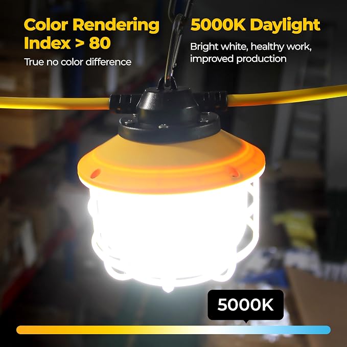 50FT 75W 3Prong Ultra Bright ETL Listed LED Work Construction String Lights | Linkable Up to 12 sets, 140 LM/W, 18/3 SJTW, IP65 Waterproof, Outdoor Temporary Hanging Lighting for Jobsite Shop Crawl Space