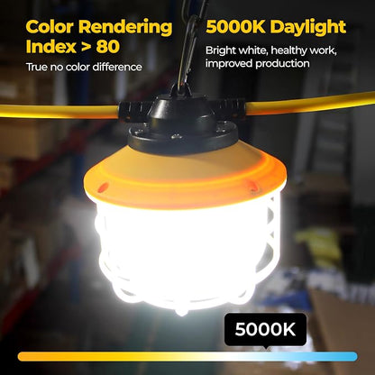 50FT Construction String Lights: 75W Ultra-bright 10500 lumens Linkable ETL Listed 18AWG Wire Industrial Outdoor Temporary Lighting IP65 Waterproof Hanging Led Work Light for Attic Jobsite Garage | Linkable Up to 12 sets, 140 LM/W, 18/2 SJTW Cord, IP65...