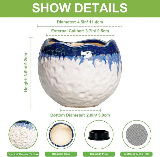 4 Inch Plant Pots - Ceramic Pots for Plants with Drainage Hole and Plug, Round Planters for Indoor Outdoor Plants, Modern Unique Flower Pots, Home Living Room Decor, Garden Gift, Beige-Blue