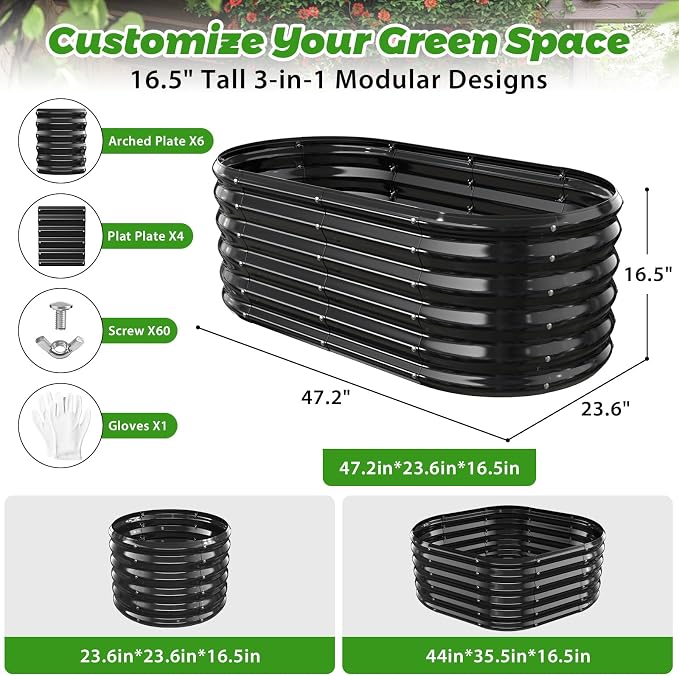 YSEJOMP 17" Tall Oval-Shaped/Elliptic Metal Raised Garden Bed Outdoor Black | 48X24X17 Inch,1.5 FT Tall,0.8MM Thick Galvanized Metal Painted,for Variety of Flowers,Herbs,Vegetables.with Gloves,Tool free