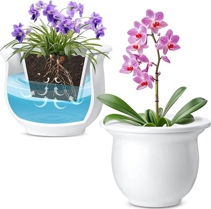 Suclain 2 Pack Ceramic Self Watering Plant Pot African Violet Pots Self Watering Indoor Flower Pot Efficiently Store Water for at Least One Week Modern Decor Gift(White,6.5 Inch)