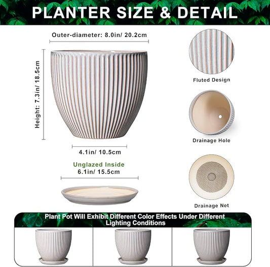 Ceramic Planters for Plants, 8 Inch Flower Pot with Drainage Hole and Saucer, Round Plant Pots for Indoor Plants, Modern Decorative Planter, Home Garden Decor, Gifts for Plant Lovers, Grey