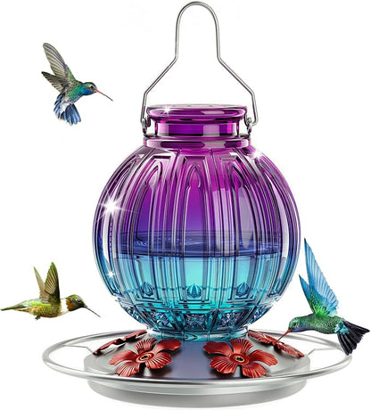 Glass Hummingbird Feeder for Outdoors Hanging, 26Oz Bird Nectar Feeder with Perch & 5 Flower Feeding Ports, Leak Proof for Outside Garden Decor Backyard, Gifts for Women Mom, Purple & Blue