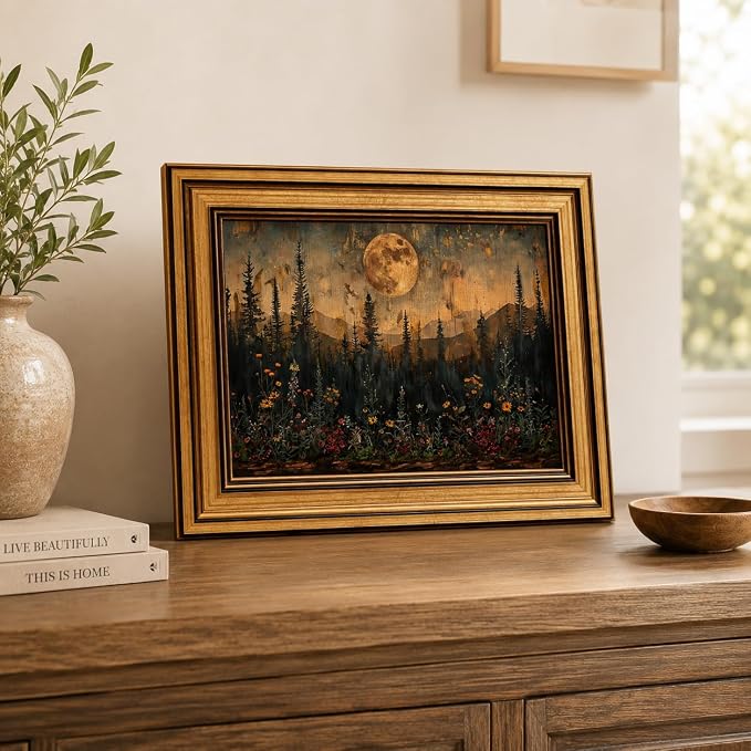 Devunaty Gold Framed Vintage Forest Full Moon Wall Art, Moonlit Pine Tree Wall Decor Paintings,Wildflowers and Mountains Rustic Woodland Nature Landscape Picture Canvas Print for Living Room 12"x16"