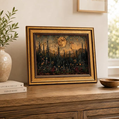Devunaty Gold Framed Vintage Forest Full Moon Wall Art, Moonlit Pine Tree Wall Decor Paintings,Wildflowers and Mountains Rustic Woodland Nature Landscape Picture Canvas Print for Living Room 12"x16"