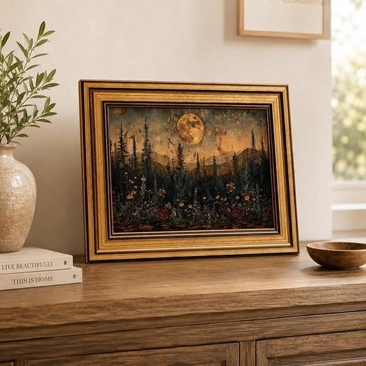 Devunaty Gold Framed Vintage Forest Full Moon Wall Art, Moonlit Pine Tree Wall Decor Paintings,Wildflowers and Mountains Rustic Woodland Nature Landscape Picture Canvas Print for Living Room 16"x24"