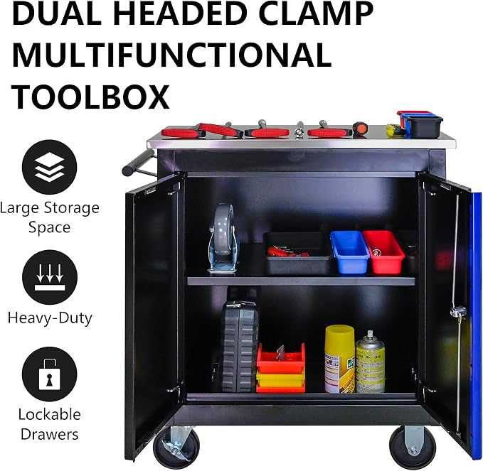 Heavy Duty Rolling Tool Chest,Lockable Stainless Top for Garage,Black&Blue | Mobile Workbench with Adjustable Shelf, Roll Around Tool Cabinet for Workshops and Auto Repair