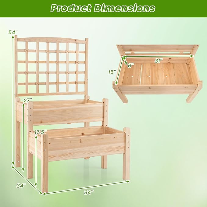 Giantex Raised Garden Bed with Trellis, 2-Tier Elevated Planter Box for Climbing Plants, Flowers, Vegetables, Herbs, Outdoor Wooden Vertical Garden Bed with Drainage Holes, for Patio Backyard Balcony