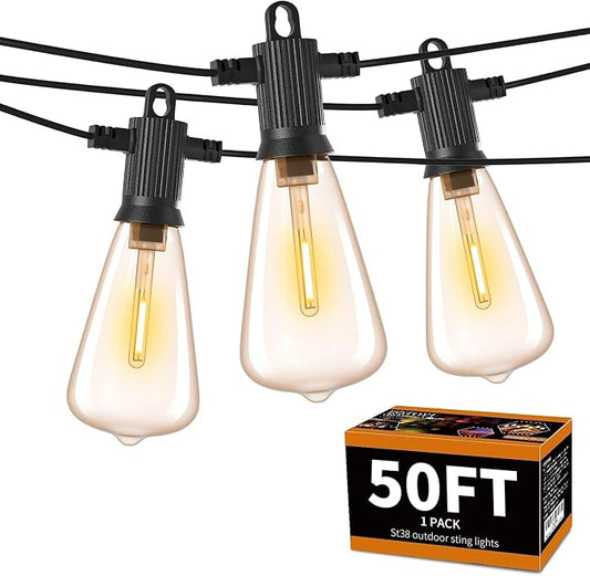 ZOTOYI Outdoor String Lights 50 FT, Patio Bulbs with 27 LED Plastic Edison ST38 Bulbs (2 Spare), Waterproof IP65 Outdoor Hanging Lights for Garden, Backyard, Cafe, Porch, Gift, Gazebo - Dimmable 2700K