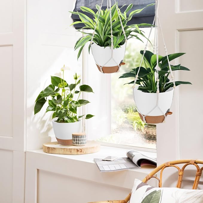 Vanslogreen Hanging Planters for Indoor Outdoor Plants, 12 Inch Self Watering Hanging Pot with Drainage Holes & Removable Tray, Macrame Plant Hanger for Boho Home Decor (Ivory+White)(Ivory+White)