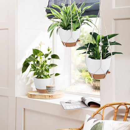 Vanslogreen Hanging Planters for Indoor Outdoor Plants, 12 Inch Self Watering Hanging Pot with Drainage Holes & Removable Tray, Macrame Plant Hanger for Boho Home Decor (Ivory+White)(Ivory+White)