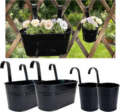 Pack of 4 Metal Hanging Planters for Outdoor Plants, 2 Pcs 4" Round Railing Planter & 2 Pcs 10" Oval Fence Flower Pots for Balcony Garden Decor, Black