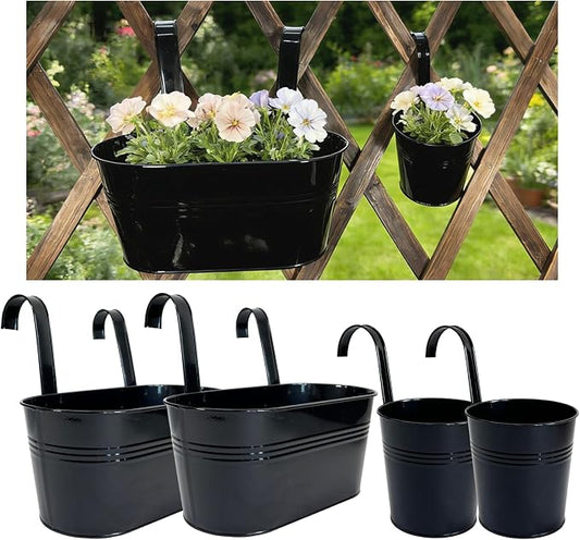 Pack of 4 Metal Hanging Planters for Outdoor Plants, 2 Pcs 4" Round Railing Planter & 2 Pcs 10" Oval Fence Flower Pots for Balcony Garden Decor, Black