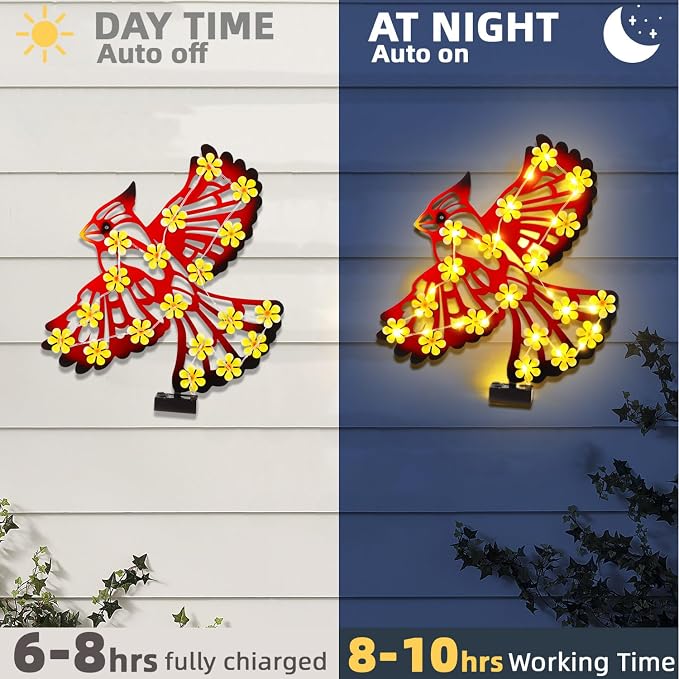 Metal Cardinal Outdoor Wall Decor with 30 Led Solar Lights- 15.9" Outdoor Fence Wall Art Decor, Gift for Mom Grandma Women Birthday Gardening,Hanging Decoration for Garden Patio Porch Yard