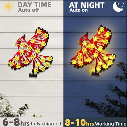 2 Pack Metal Cardinal Outdoor Wall Decor with 30 Led Solar Lights- 15.9" Outdoor Fence Wall Art Decor, Gift for Mom Grandma Women Birthday Gardening,Hanging Decoration for Garden Patio Porch Yard