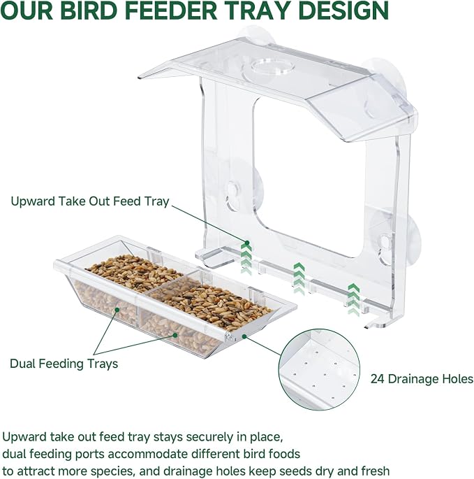 Window Bird Feeder with 4 Extra Strong Suction Cups (2.5 Inch) | Clear Bird Feeder with Dual Seed Tray, Easy to Install and Clean, Birdfeeder for Close-Up Viewing Birds, Bird Watching Gift