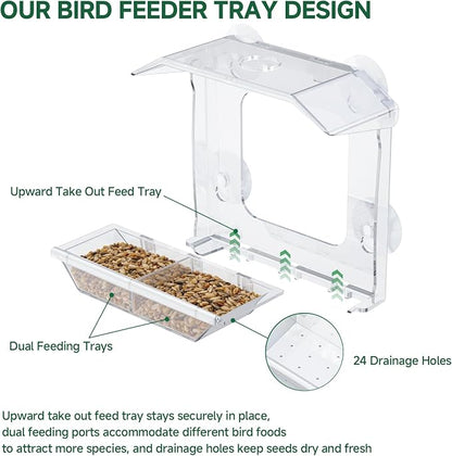 Window Bird Feeder with 4 Extra Strong Suction Cups (2.5 Inch) | Clear Bird Feeder with Dual Seed Tray, Easy to Install and Clean, Birdfeeder for Close-Up Viewing Birds, Bird Watching Gift