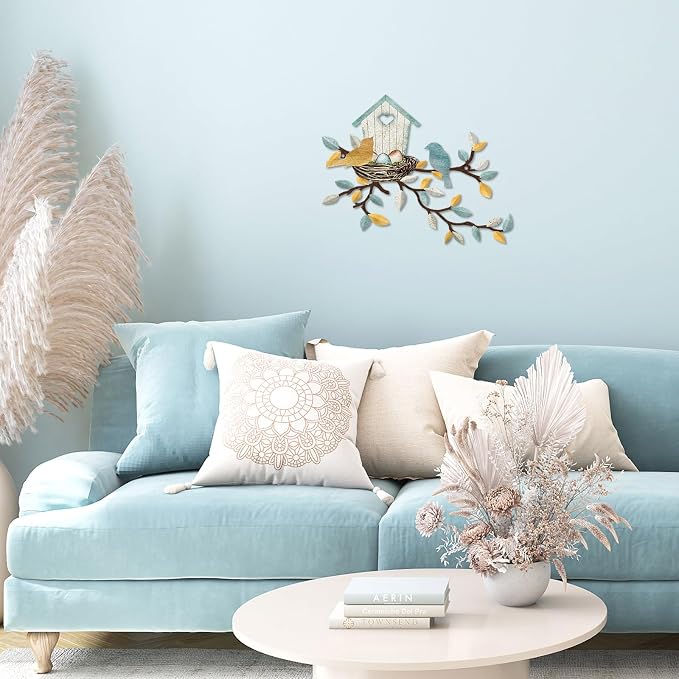 COLOR VALLEY ART-Metal Bird Wall Art Birds on The Branch Wall Decor Leaves with Birds Sculpture Bird Silhouette Metal Ornament Branch Wall Hanging Sign for Balcony Garden Decor (Teal White-16.5''x13'')