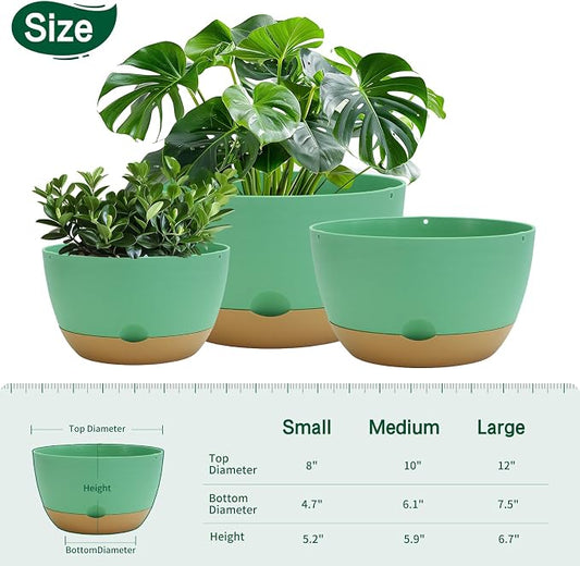 Koalaime 8/10/12 Inch Pots for Indoor Plants, Large Self Watering Planters with Drainage and Saucers, Plastic Outdoor Flower Pot, Set of 3, Green