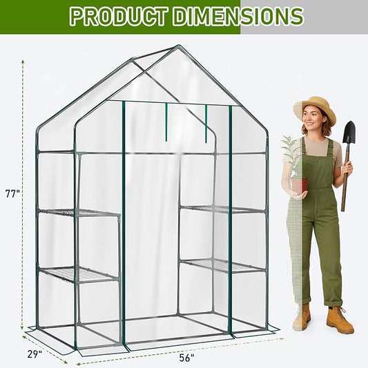 Outvita Walk-in Greenhouse, Outdoor Durable PVC Plant Green House for Frost Protection with 3 Tiers 4 Shelves, Shelf Clips, Roll-up Zipper Door, 56"x29"x77" Transparent